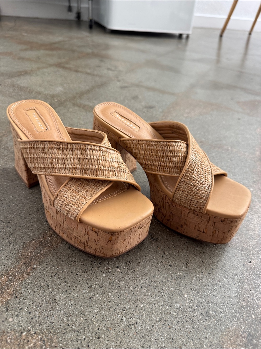 Topshop Woven Tan Crisscross Block Heel Mules